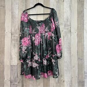 Crystal Doll Floral Babydoll Dress XL Smocked Square Neck Long Sleeve Boho